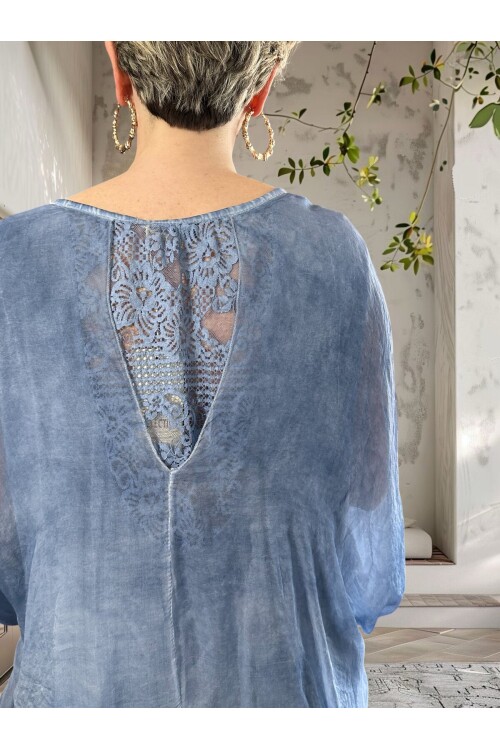 Vessa İtalyan Seri Nakışlı Premium İpek Bluz Mavi