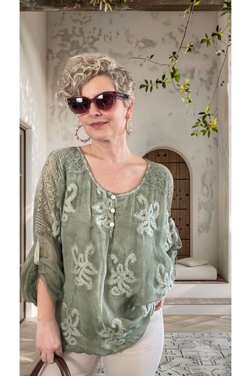 Vessa İtalyan Seri Nakışlı Premium İpek Bluz Su Yeşili