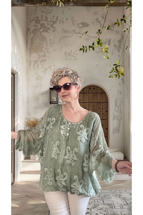 Vessa İtalyan Seri Nakışlı Premium İpek Bluz Su Yeşili