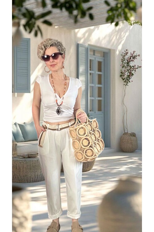 Vicco İtalyan Balon Kemerli Pantolon Kırık Beyaz