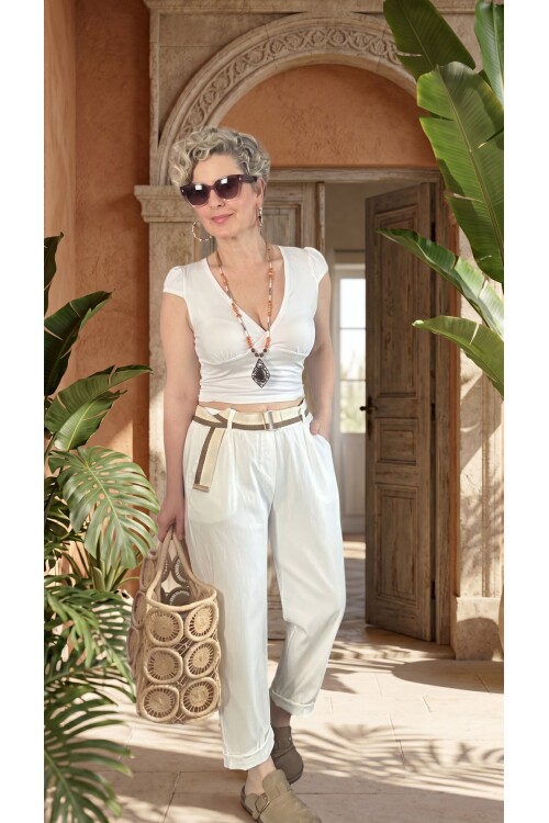Vicco İtalyan Balon Kemerli Pantolon Kırık Beyaz