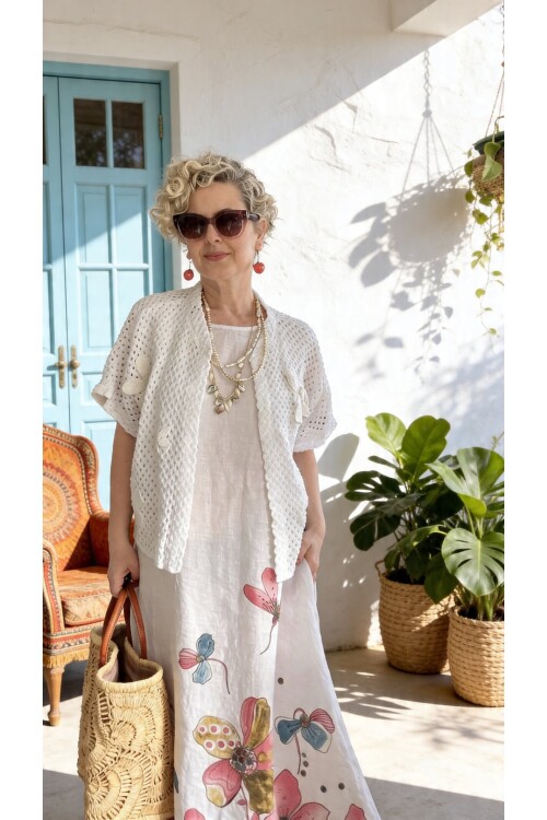 Villa İthal %100 Keten Elbise & Örgü Hırka Takım Beyaz
