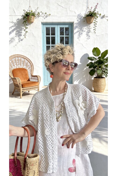 Villa İthal %100 Keten Elbise & Örgü Hırka Takım Beyaz