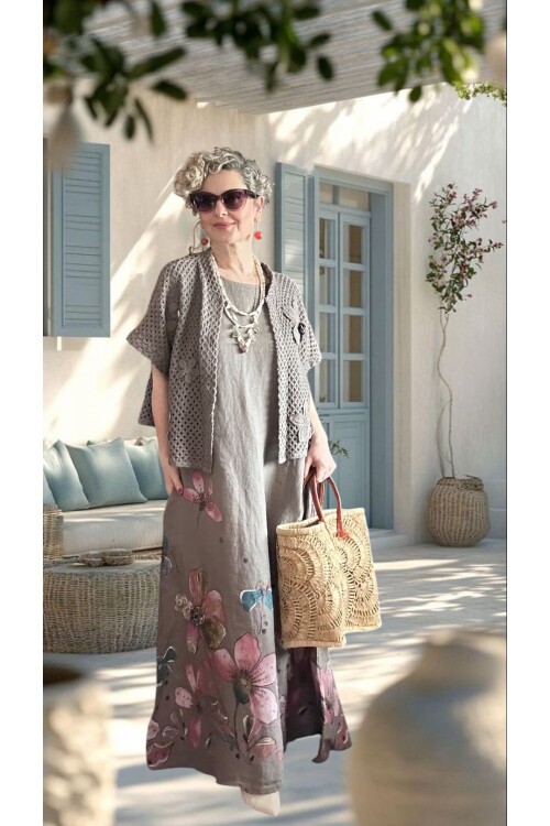 Villa İthal %100 Keten Elbise & Örgü Hırka Takım Fango