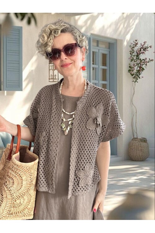 Villa İthal %100 Keten Elbise & Örgü Hırka Takım Fango