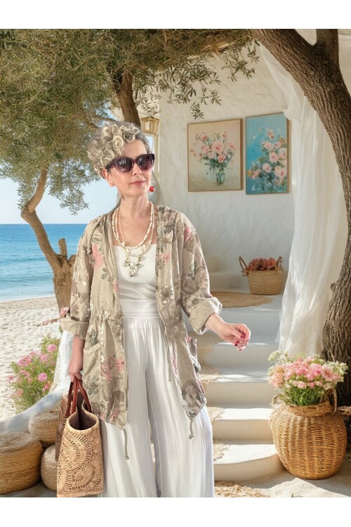 Vinci %100 Linen Kapüşonlu Çiçek Desenli Tasarım Ceket Beige