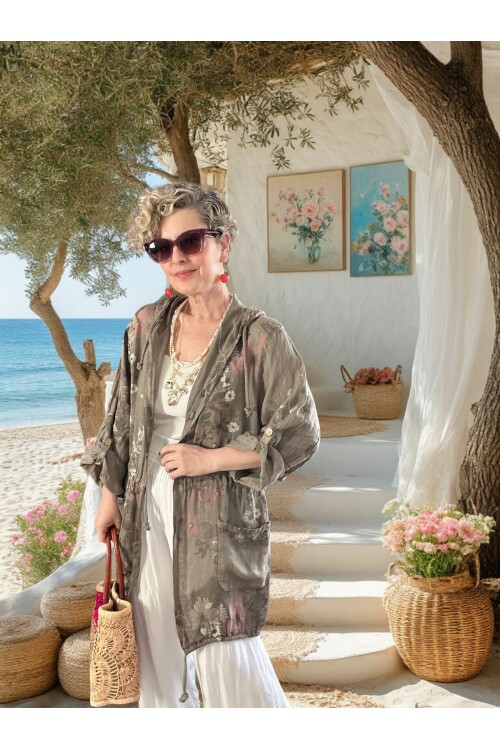 Vinci %100 Linen Kapüşonlu Çiçek Desenli Tasarım Ceket Fango