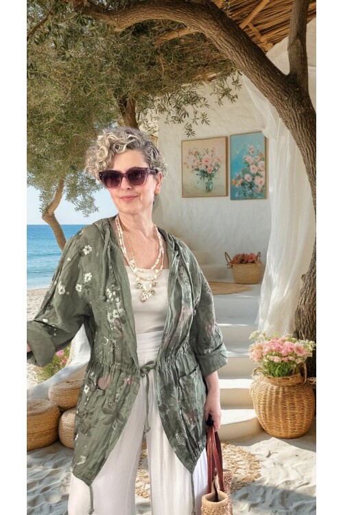 Vinci %100 Linen Kapüşonlu Çiçek Desenli Tasarım Ceket Haki