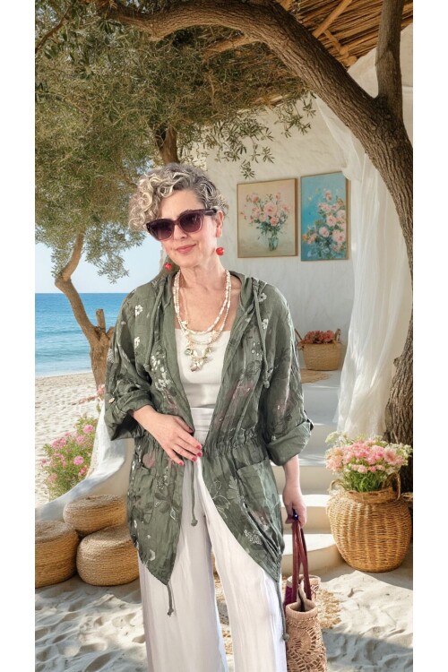 Vinci %100 Linen Kapüşonlu Çiçek Desenli Tasarım Ceket Haki