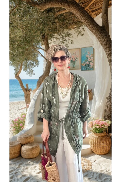 Vinci %100 Linen Kapüşonlu Çiçek Desenli Tasarım Ceket Haki