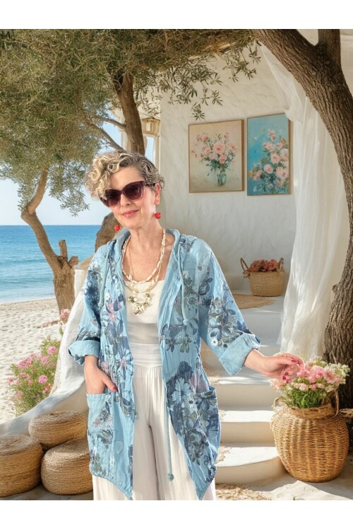 Vinci %100 Linen Kapüşonlu Çiçek Desenli Tasarım Ceket Mavi