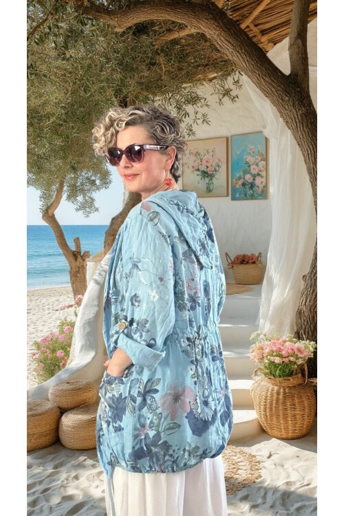 Vinci %100 Linen Kapüşonlu Çiçek Desenli Tasarım Ceket Mavi