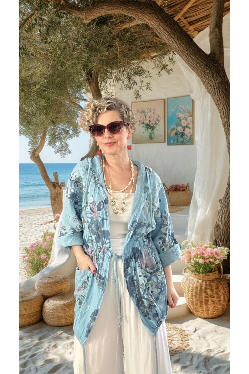 Vinci %100 Linen Kapüşonlu Çiçek Desenli Tasarım Ceket Mavi