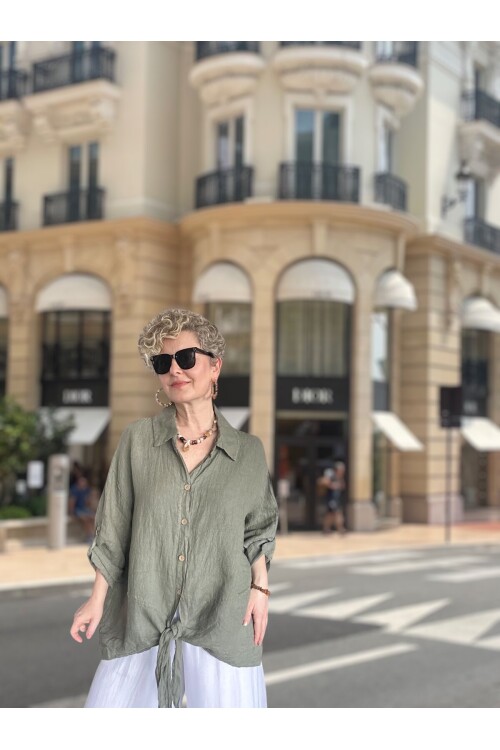 Viva Önü Bağlamalı İtalyan Kesim Linen Gömlek Haki