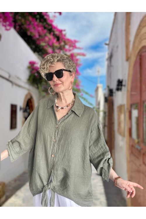 Viva Önü Bağlamalı İtalyan Kesim Linen Gömlek Haki