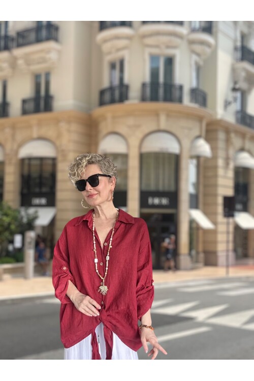 Viva Önü Bağlamalı İtalyan Kesim Linen Gömlek İndian Red