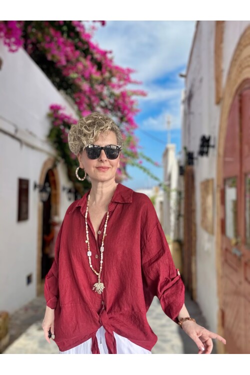 Viva Önü Bağlamalı İtalyan Kesim Linen Gömlek İndian Red