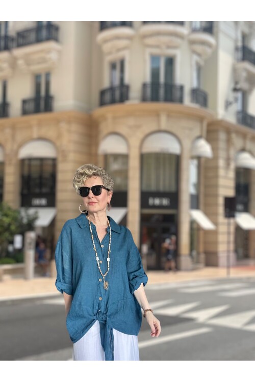 Viva Önü Bağlamalı İtalyan Kesim Linen Gömlek Petrol Mavi