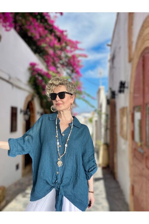 Viva Önü Bağlamalı İtalyan Kesim Linen Gömlek Petrol Mavi