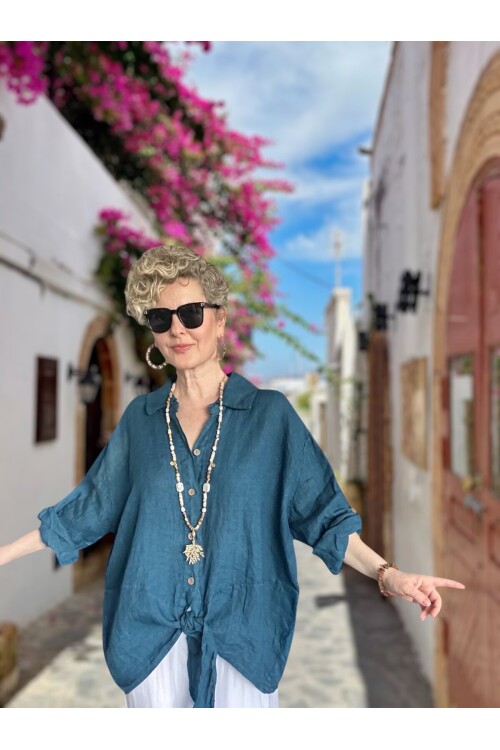 Viva Önü Bağlamalı İtalyan Kesim Linen Gömlek Petrol Mavi