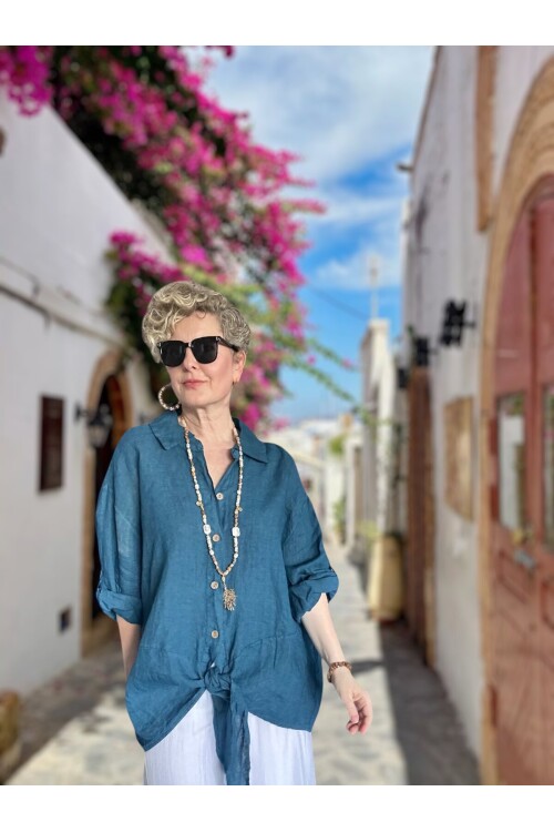 Viva Önü Bağlamalı İtalyan Kesim Linen Gömlek Petrol Mavi