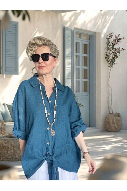 Viva Önü Bağlamalı İtalyan Kesim Linen Gömlek Petrol Mavi