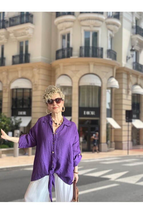 Viva Önü Bağlamalı İtalyan Kesim Linen Gömlek Viola