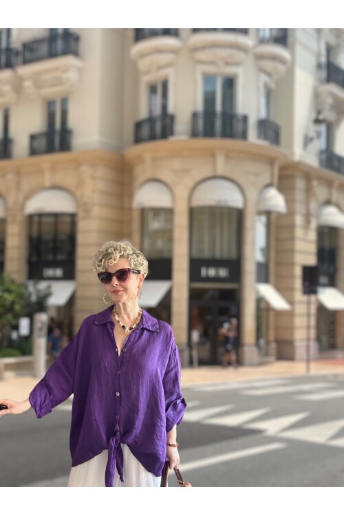 Viva Önü Bağlamalı İtalyan Kesim Linen Gömlek Viola