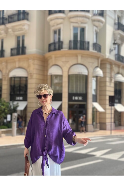 Viva Önü Bağlamalı İtalyan Kesim Linen Gömlek Viola