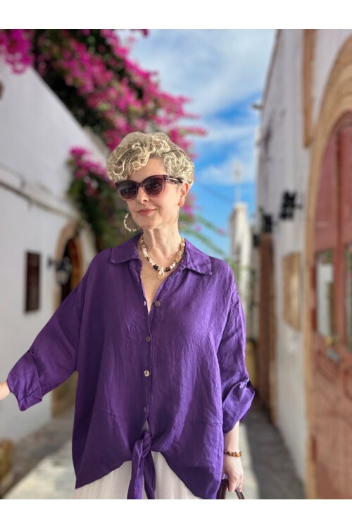 Viva Önü Bağlamalı İtalyan Kesim Linen Gömlek Viola