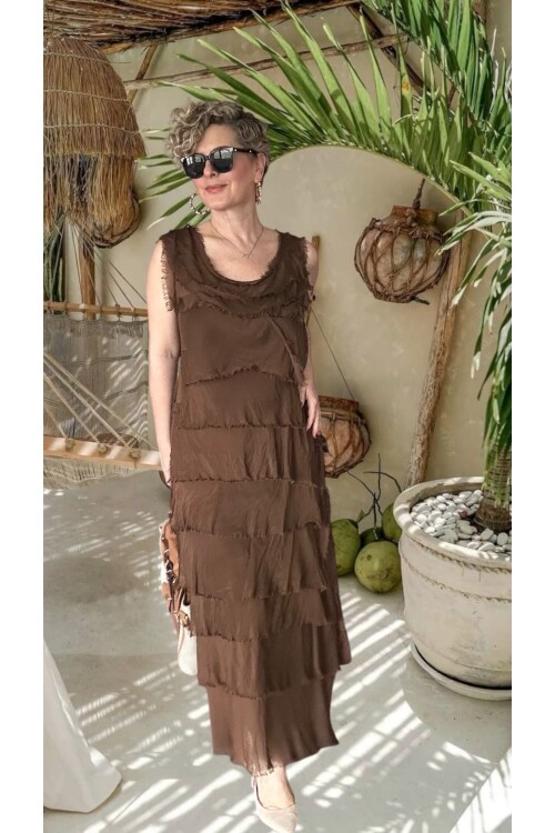 Vivas İthal Katmanlı İpek Tasarım Elbise Açık Kahve