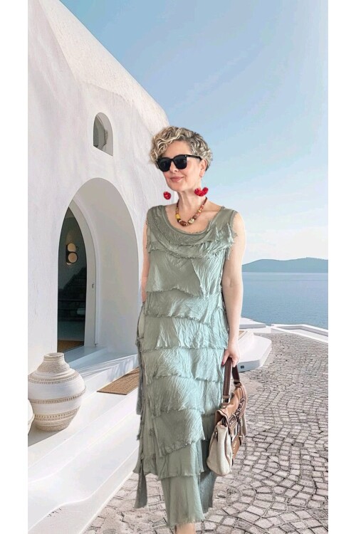 Vivas İthal Katmanlı İpek Tasarım Elbise Adaçayı Yeşili