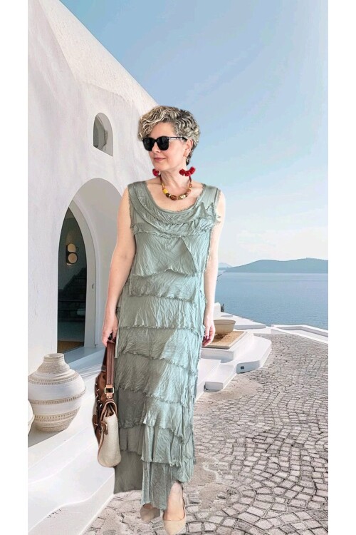 Vivas İthal Katmanlı İpek Tasarım Elbise Adaçayı Yeşili