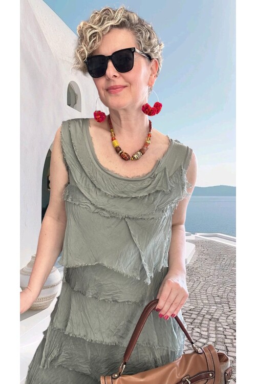 Vivas İthal Katmanlı İpek Tasarım Elbise Adaçayı Yeşili