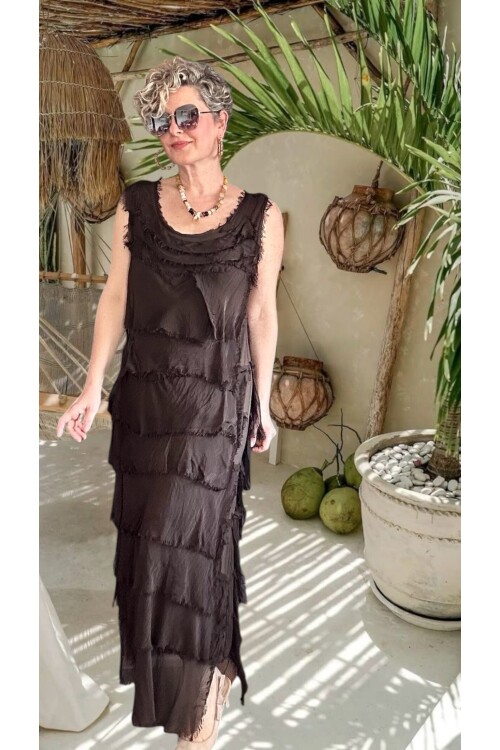 Vivas İthal Katmanlı İpek Tasarım Elbise Kahverengi