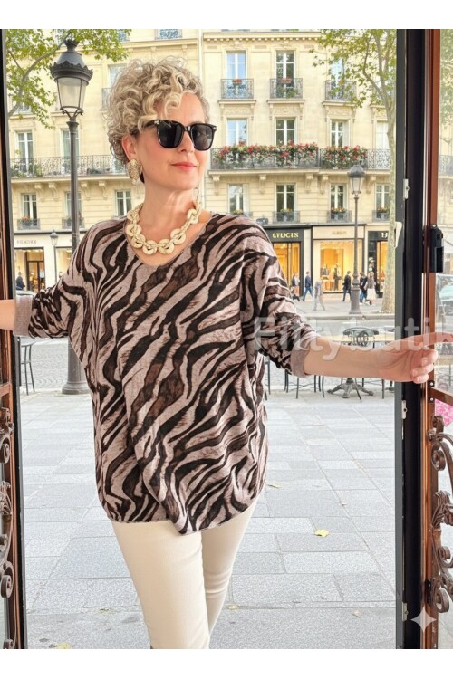 Yassa İtalyan V Yaka Zebra Desenli Triko Vizon