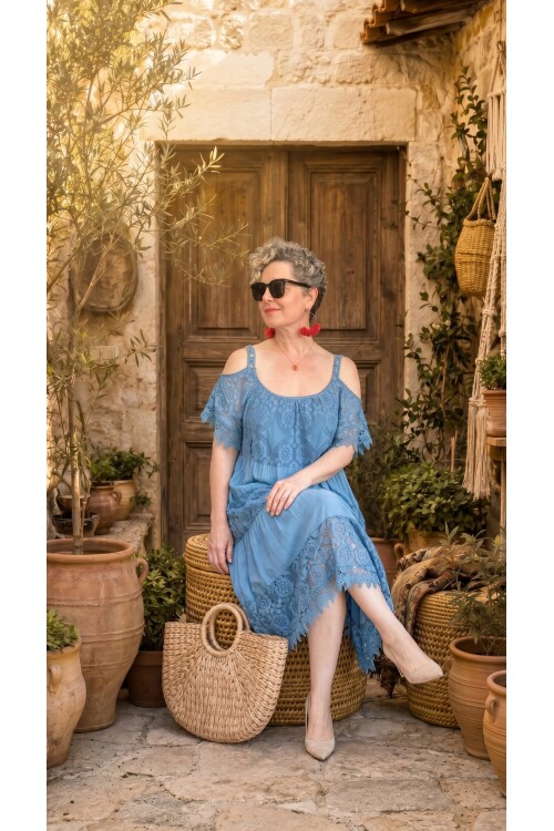 Zecca İtalyan Brode Nakışlı  Askılı Midi Elbise Jeans Mavi