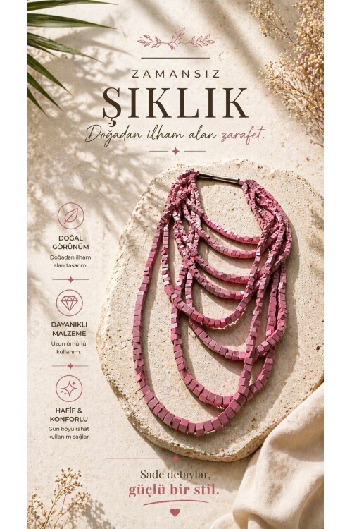 Açık Pembe Tahta Otantik Sekiz Sıra Kolye