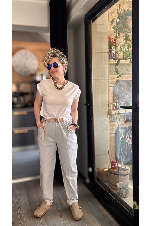 Betty İtalyan Balon Kemerli Pantolon Açık Gri