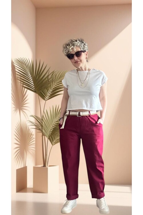 Betty İtalyan Balon Kemerli Pantolon İndian Red