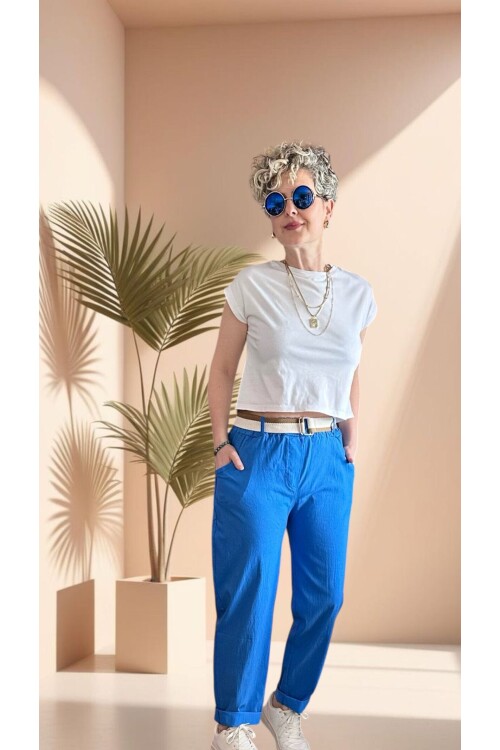 Betty İtalyan Balon Kemerli Pantolon Saks Royal