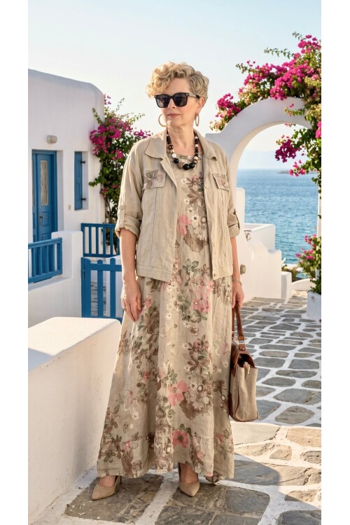 Esse İthal %100 Linen Ceket & Kolsuz Elbise Takımı Beige