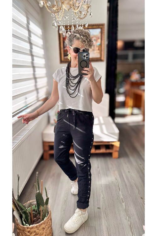 Felisa  İtalyan Sihirli Zımba Detay Pantalon Açık Siyah