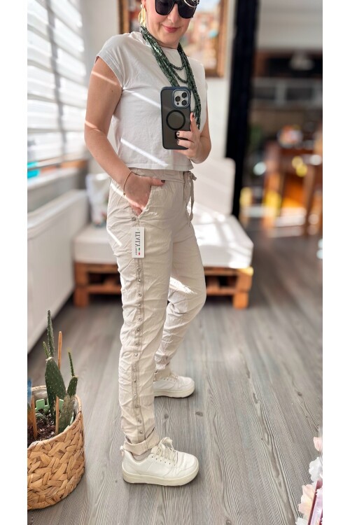 Felisa  İtalyan Sihirli Zımba Detay Pantalon Beige