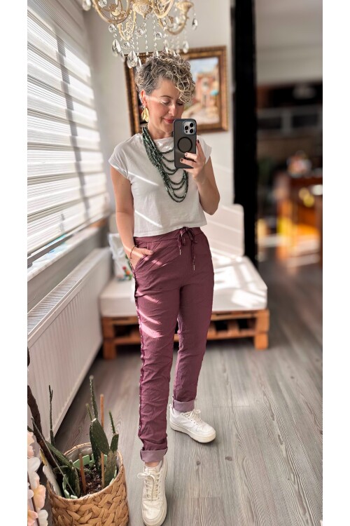 Felisa  İtalyan Sihirli Zımba Detay Pantalon Bordo