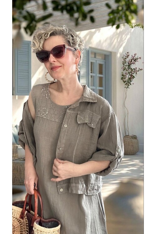 Fisso %100 Linen Kolsuz Elbise & Cep Pul Detaylı Ceket Takım Fango