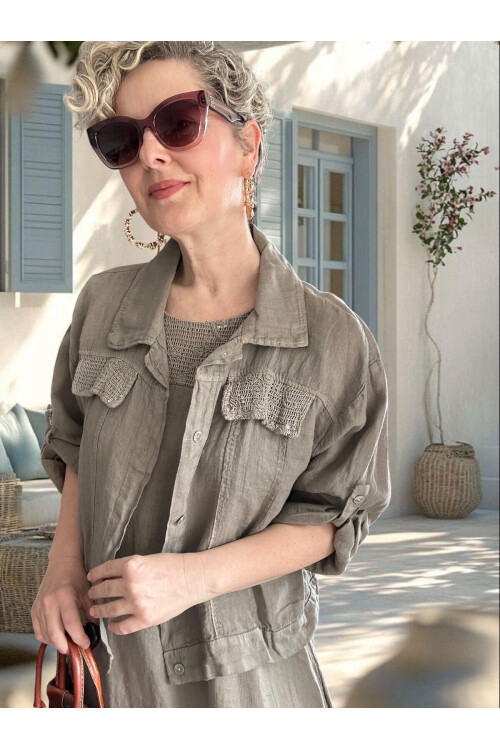 Fisso %100 Linen Kolsuz Elbise & Cep Pul Detaylı Ceket Takım Fango