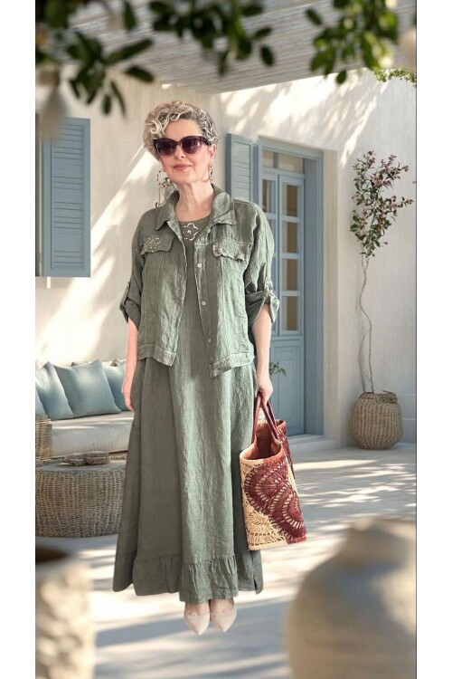 Fisso %100 Linen Kolsuz Elbise & Cep Pul Detaylı Ceket Takım Haki