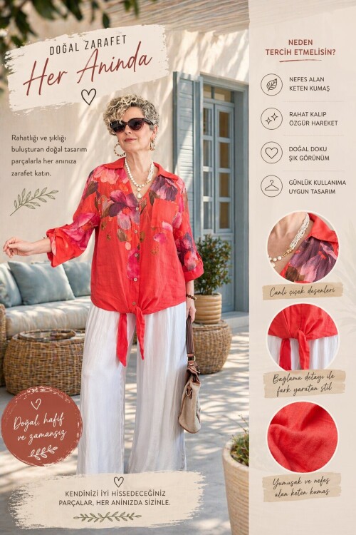 Flora İtalyan Floral Desenli Bağlamalı Linen Gömlek Mercan