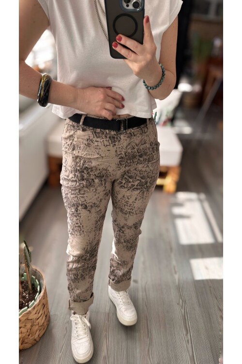 Gianni İtalyan Desen Detay Kemerli Sihirli Pantolon Beige